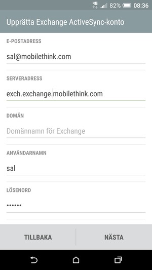 Ange Exchange-serveradress och Användarnamn. Välj NÄSTA