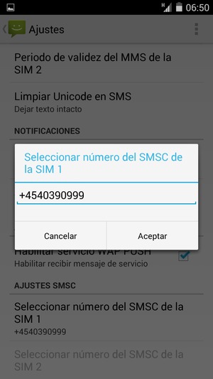 Introduzca el número de Centro de servicios SMS / SMSC de la SIM y seleccione Aceptar