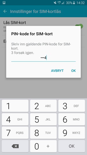 Skriv inn Gjeldende/Gammel PIN-kode for SIM-kort og velg OK