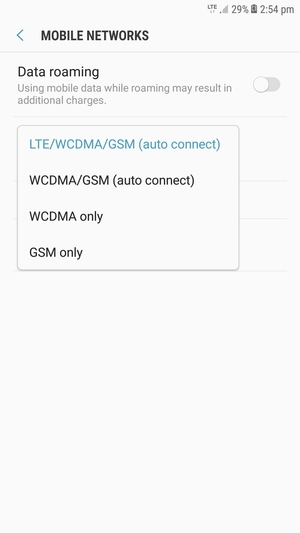 Select WCDMA/GSM (auto conect) to enable 3G and LTE/WCDMA/GSM (auto connect) to enable 4G