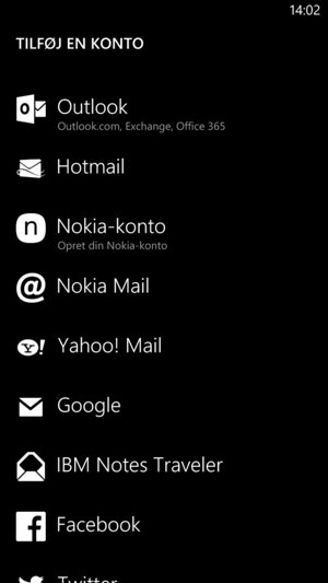 Vælg Google (Gmail) eller Hotmail