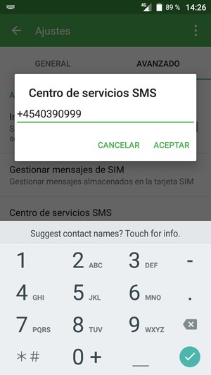 Introduzca el número de Centro de servicios de SMS y seleccione ACEPTAR