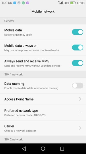 Scroll to SIM 1 network or SIM 2 network and select Access Point Name
