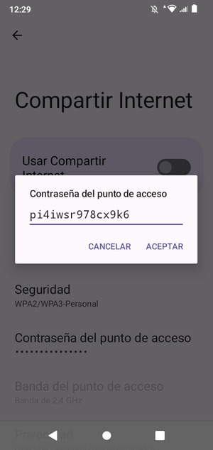 Introduzca una contraseña de punto de acceso Wi-Fi de al menos 8 caracteres y seleccione ACEPTAR