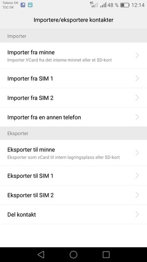 Velg Importer fra SIM 1 eller Importer fra SIM 2