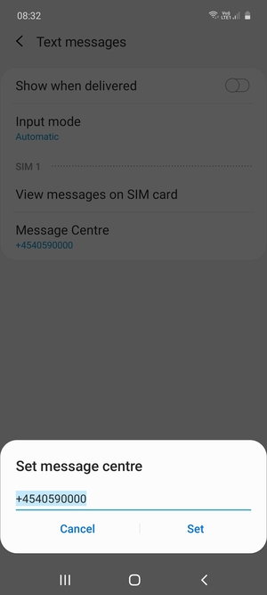 Enter the Message centre number and select Set