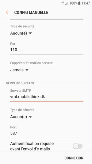 Désactiver le Authentifcation requise avant l'envoi d'e-mails et sélectionnez CONNEXION