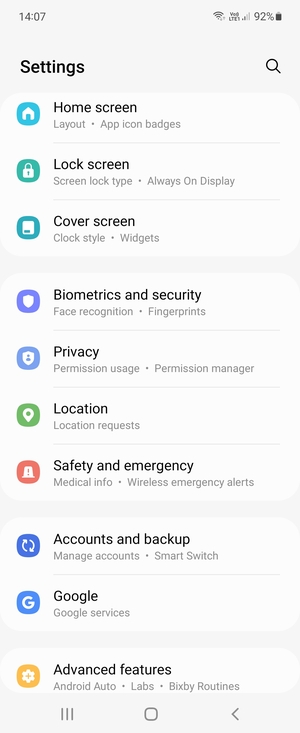 Scroll to and select Biometrics and security