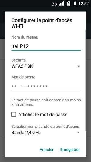 Saisissez un mot de passe de hotspot Wi-Fi d'au moins 8 caractères et sélectionnez Enregistrer