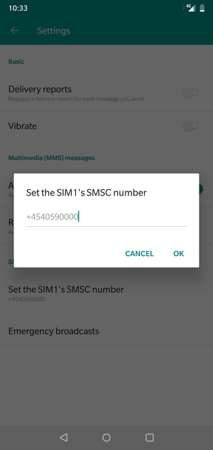 Enter the SIM's SMSC number and select OK