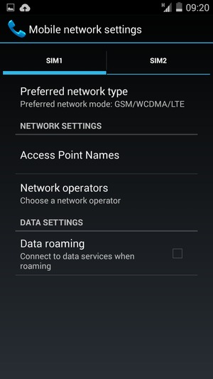Select SIM1 or SIM2 and select Preferred network type