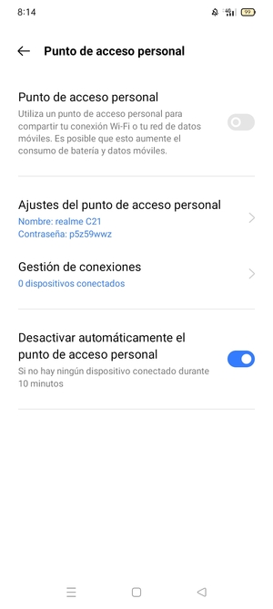 Seleccione Ajustes del punto de acceso personal