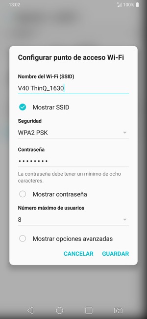 Introduzca una contraseña de punto de acceso Wi-Fi de al menos 8 caracteres y seleccione GUARDAR