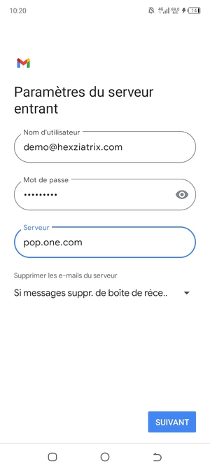 Saisissez votre Nom d'utilisateur et l'adresse du serveur entrant. Sélectionnez SUIVANT