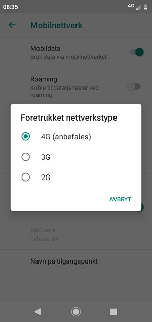 Velg ønsket alternativ