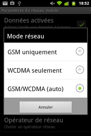 Sélectionnez GSM uniquement pour activer la 2G et GSM/WCDMA (auto) pour activer la 3G