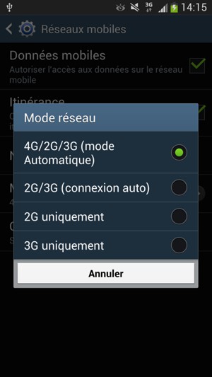 Sélectionnez 2G/3G (connexion auto) pour activer la 3G et 4G/2G/3G  (connexion auto) pour activer la 4G