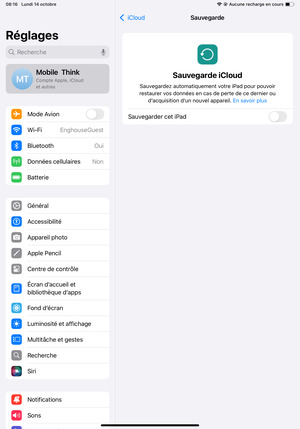 Activer le Sauvegarder cet iPad