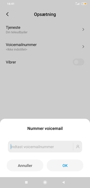 Indtast Nummer voicemail og vælg OK