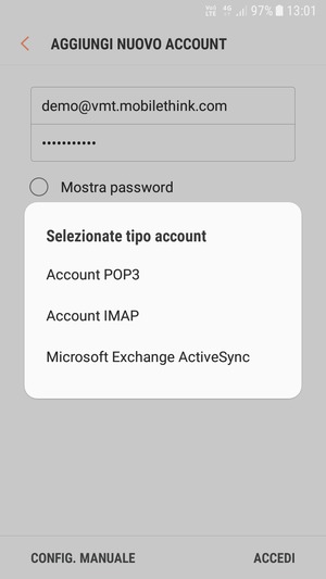 Seleziona Account POP3 o Account IMAP