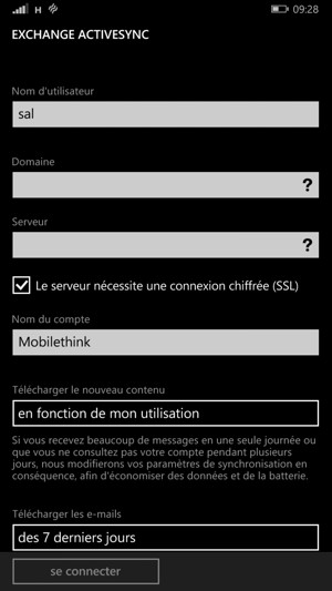 Saisissez l'adresse du serveur Exchange et donnez un nom à votre compte