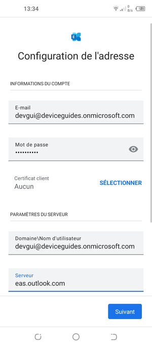 Saisissez votre Nom d'utilisateur et l'adresse du serveur Exchange. Sélectionnez Suivant