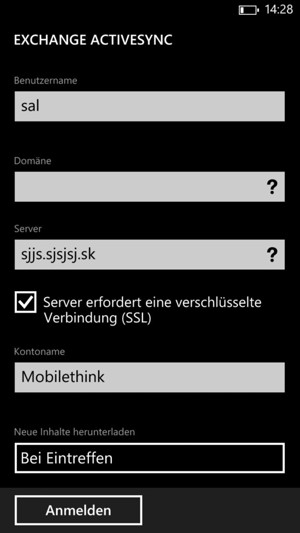 Geben Sie Benutzername und Exchange Server-Adresse ein