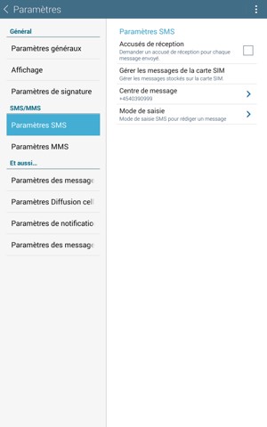 Sélectionnez Paramètres SMS puis Centre de message