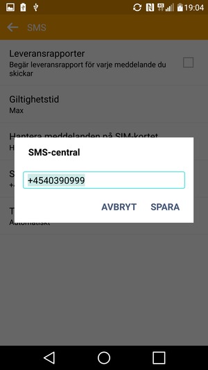 Ange SMS-central-numret och välj SPARA