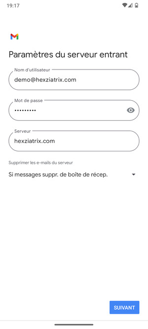 Saisissez votre Nom d'utilisateur et l'adresse du serveur entrant. Sélectionnez SUIVANT