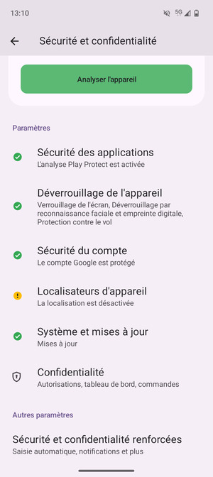 Pour modifier le code PIN de la carte SIM,  allez dans le menu Sécurité et confidentialité et sélectionnez Sécurité et confidentialité renforcées