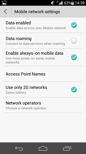 Check the Use only 2G networks checkbox to enable 2G