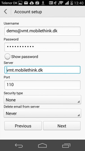 Enter Username and Incoming server address. Select Next