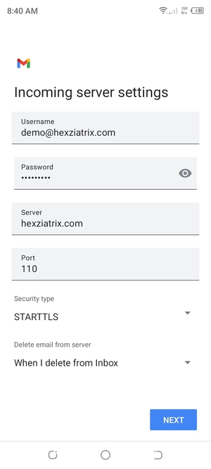 Enter Username and Incoming server address. Select NEXT
