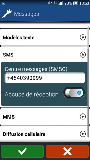 Saisissez le numéro du Centre messages (SMSC) et sélectionnez OK