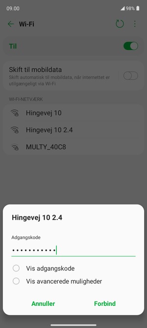 Indtast Wi-Fi adgangskoden og vælg Forbind
