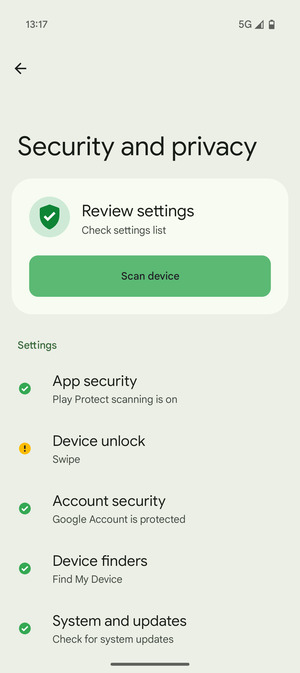 To activate your screen lock, go to the Security and privacy menu and select Device unlock