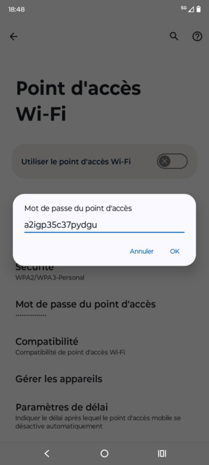 Saisissez un mot de passe de hotspot Wi-Fi d'au moins 8 caractères et sélectionnez OK