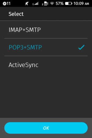 Select IMAP+SMTP or POP3+SMTP and select OK