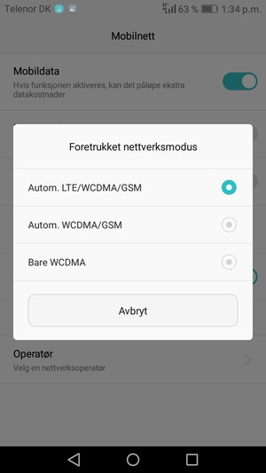 Velg Autom. WCDMA/GSM for å aktivere 3G og Autom. LTE/WCDMA/GSM for å aktivere 4G