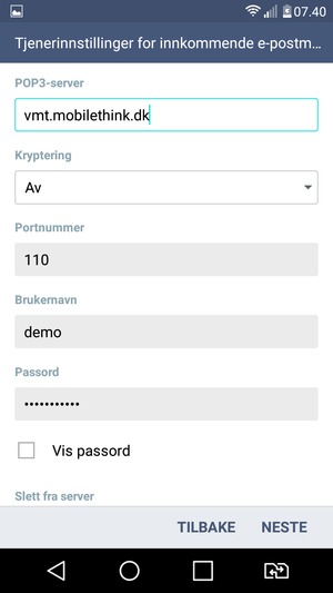 Skriv inn innkommende serveradresse og brukernavn. Velg NESTE