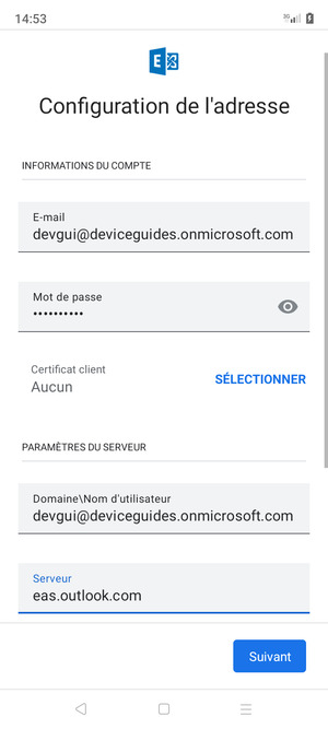 Saisissez votre Nom d'utilisateur et l'adresse du serveur Exchange. Sélectionnez Suivant