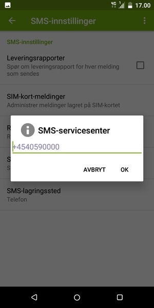 Skriv inn SMS-servicecenter nummer og velg OK