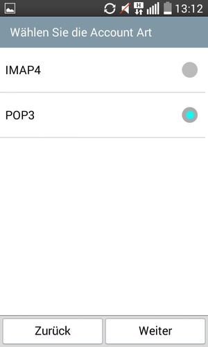 Wählen Sie IMAP4 oder POP3 und wählen Sie Weiter