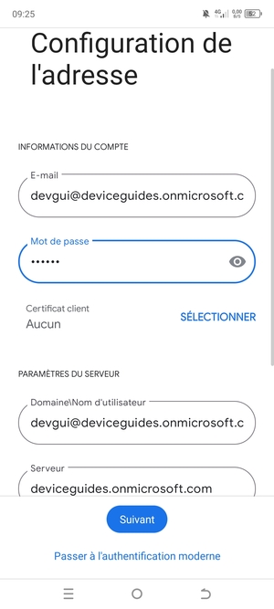 Saisissez votre Nom d'utilisateur et l'adresse du serveur Exchange. Sélectionnez Suivant