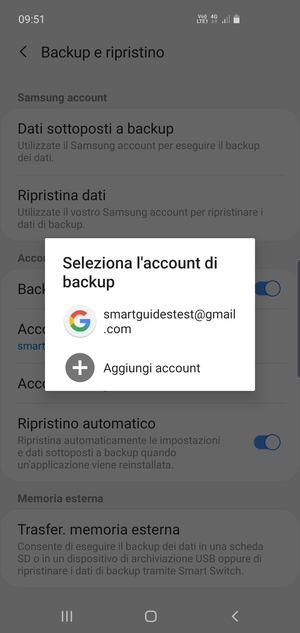 Seleziona il tuo account di backup