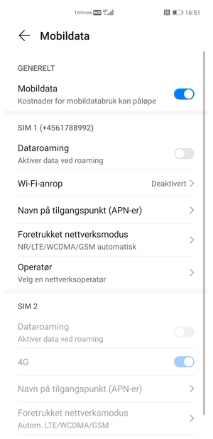 Bla til SIM 1 eller SIM 2 og velg Foretrukket nettverksmodus