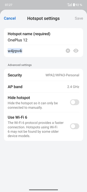 Enter a Wi-Fi hotspot password of at least 8 characters and select Save