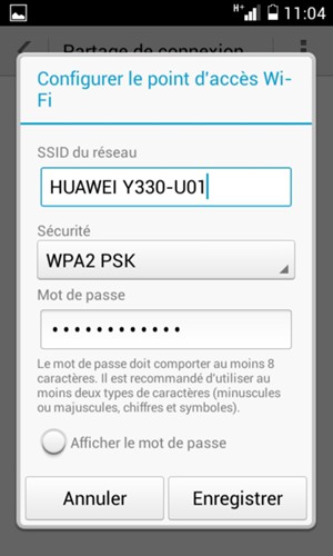 Saisissez un mot de passe de hotspot Wi-Fi d'au moins 8 caractères et sélectionnez Enregistrer