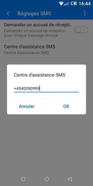 Entrez le numéro du Centre d'assistance SMS et sélectionnez OK
